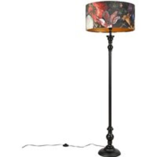 Vloerlamp zwart met velours kap bloemen goud 50 cm - Classico