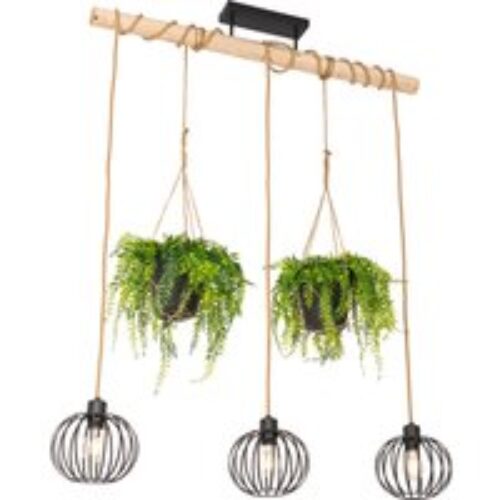 Landelijke hanglamp zwart met hout 3-lichts - Yura