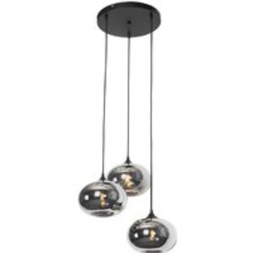 Art Deco hanglamp zwart met smoke glas rond 3-lichts- Busa