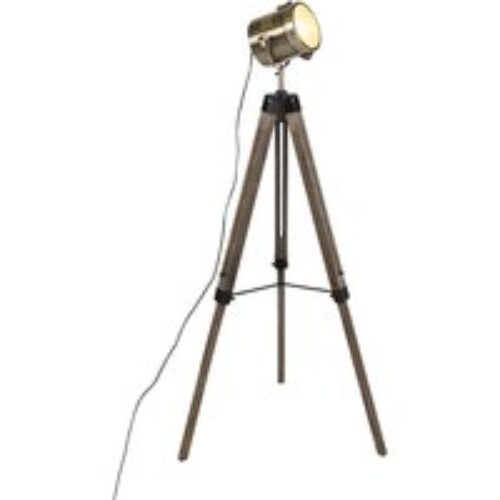 Industriële vloerlamp tripod hout met studiospot - Braha