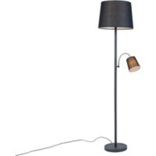 Klassieke vloerlamp zwart met zwarte kap en leeslampje - Retro