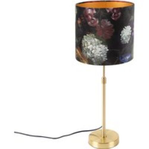 Tafellamp goud/messing met velours kap bloemen 25 cm - Parte