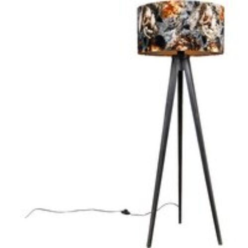 Vloerlamp tripod zwart met kap bloemen 50 cm - Tripod Classic