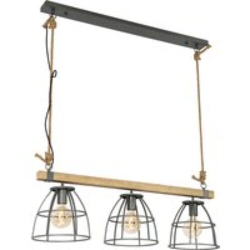 Industriële hanglamp hout met donkergrijs 3-lichts - Arthur