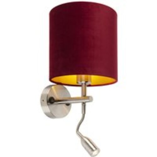 Wandlamp staal met leeslamp en kap velours 20/20/20 rood