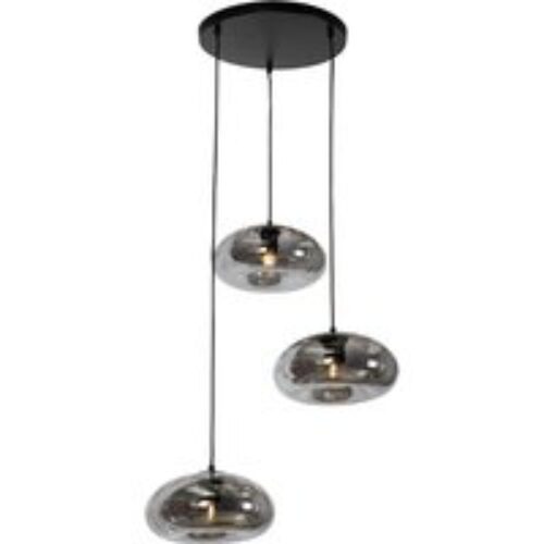 Art Deco hanglamp zwart met smoke glas rond 3-lichts - Ayesha