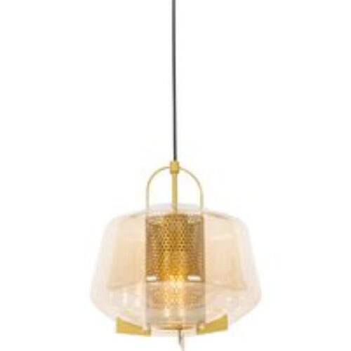 Art deco hanglamp goud met amber glas 30 cm - Kevin