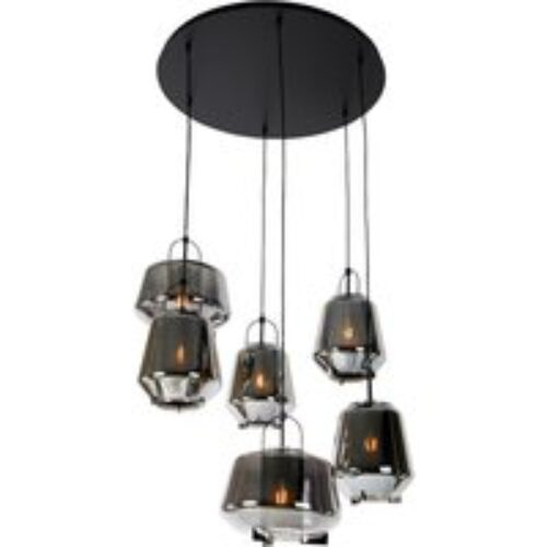 Art deco hanglamp zwart met smoke glas 6-lichts - Kevin