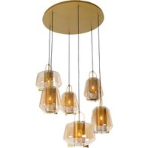 Art deco hanglamp goud met amber glas 6-lichts - Kevin